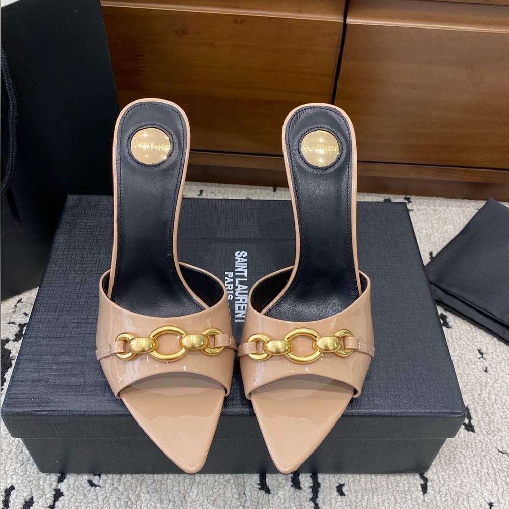 Saint Laurent Nude Patent Leather Pointed Toe Mules with Gold Chain